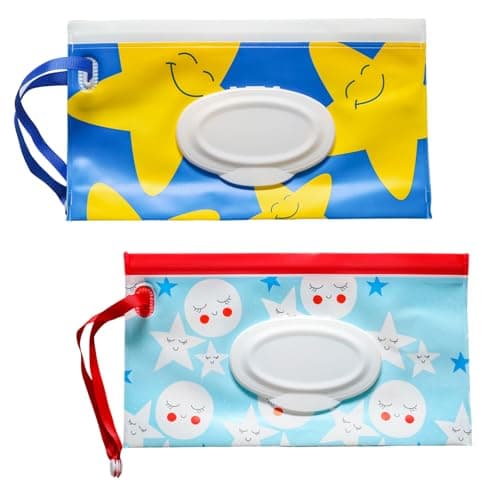 Yinluluna 2 Pack Wipes Dispenser, Portable Wipe Container with Hanging Loop, Refillable Wet Wipes Pouch for Hiking, Traveling, Outdoor Outing or Camping (Stars)