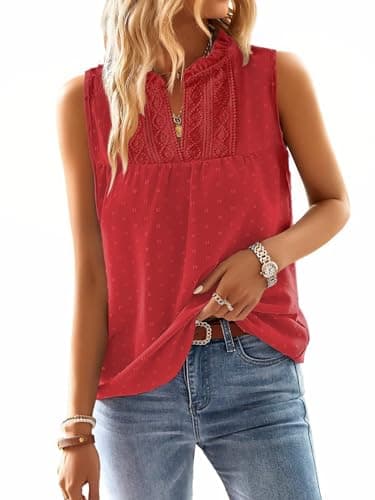 Falechay Womens Tops Summer Blouses for Women 2026 Swiss Dot Dressy Casual Sleeveless Boho Crochet Lace Edges Babydoll Official Shirts Red XL