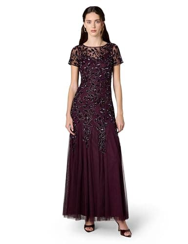 Adrianna Papell Women's Floral Beaded Godet Gown, Night Plum, 8