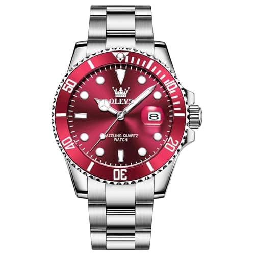 OLEVS Mens Silver Tone Watch Big Face Stainless Steel Band Red Dial Round Dress Watches for Men Easy to Read Calendar Date Sport Analog Quartz Man Wristwatch Waterproof Luminous Reloj para Hombre