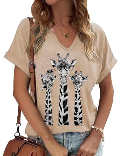 PUCKOLITY Funny Giraffe Graphic V Neck Shirts for Women Casual Short Sleeve Animal Lover Summer Tee Tops(S,1 Khaki)