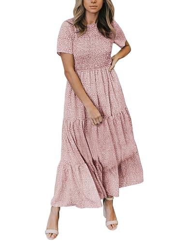 Maggeer 2025 Summer Spring Flowy Casual Maternity Floral Tiered Beach Long Dresses Church Smocked Short Sleeve Maxi Dress for Women Mauve M