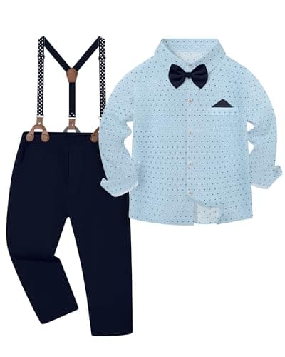 DISAUR Boys Formal Outfit Navy Blue Pants and Blue Polka Dots Shirts Set Stylish Dress Clothes Gentleman Wedding Toddler Baby Boy Clothes Suit 3-4 Years