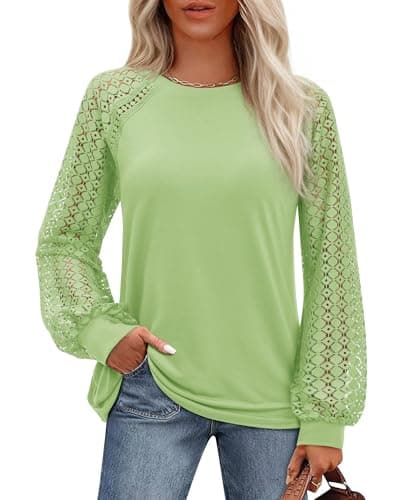 Uhiger Womens Long Sleeve Tops Fashion Cute Lace Blouses Business Casual Crew Neck Shirts 2026 Trendy Work Outfits Sage Green