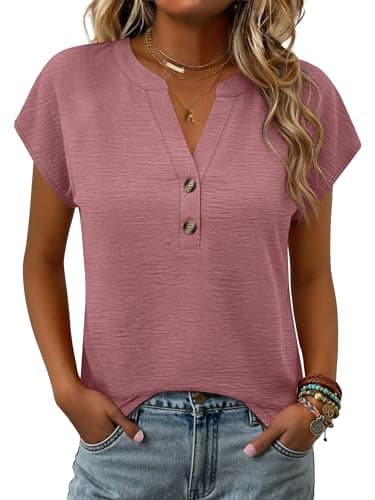 ANRABESS Womens Summer Tops,Cap Sleeve V Neck Loose Fit Henley Shirts,Dressy Casual for Work Business & Daily Trendy Outfits Dusty Rose Medium