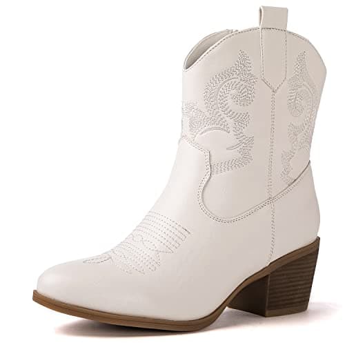 GLOBALWIN Women's White Cowgirl Boots Ankle Fashion Western Boots White Cowboy Boots For Women With Chunky Low Heel Comfortable For Walking Size 9.5M