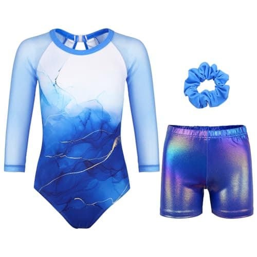 JOYSTREAM Gymnastics Leotards for Girls With Shorts Sparkly Ballet Dance Long Mesh Sleeve Simple Blue,6-7Years
