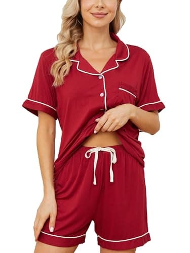 Yoolfine Womens Pajama Sets Short Sleeve Sleepwear Soft Button Down Nightwear Lounge Pj Set,XX-Large,Burgundy