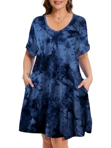 ZENNILO Women's Plus Size T Shirt Dresses with Pockets Casual Summer Dresses V Neck Short Sleeve Swing Dress for Women