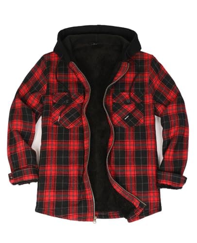 ThCreasa Mens Full Zip Flannel Hooded Jacket Fleece Lined Plaid Shirt Shacket Cotton Soft Sweatshirt Hoodies for Men Red S