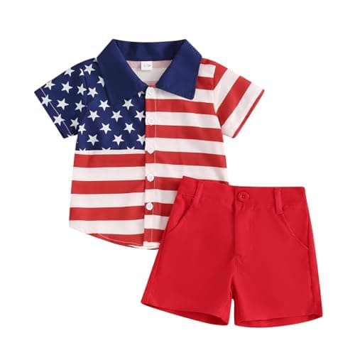 SYHVGI Little Boy 4th of July Outfit Short Sleeves Lapel Buttons Shirt and Shorts Independence Day Summer Clothes 2Pcs Set (06 Red, 6-12 Months)