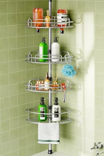 HAMITOR Corner Shower Caddy Tension Pole: 4-Tier Rust-Resistant Adjustable Bathroom Organizer Shelves - 47.72-123.6 Inch No-Drill Quick Install - Space-Saving Storage for Renters Family - Silver Gray