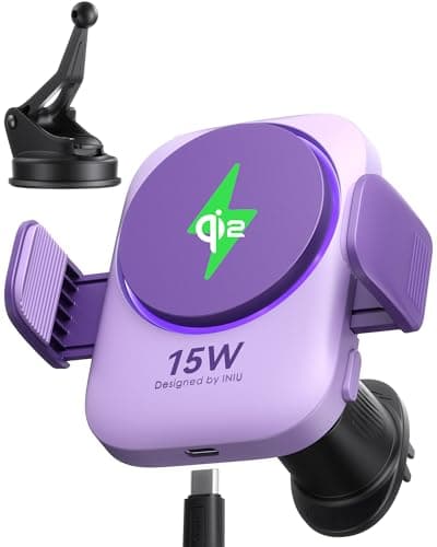 INIU 3-in-1 Magnetic Wireless Car Charger- Extra Clamp for Bumpy Road, Cooling Fan to Extend Battery Life, Original Qi2 Certified 15W Fast Charging for iPhone 12-17 Series Car Charger Holder, Purple