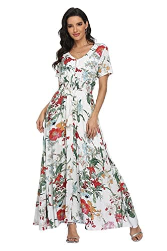 VintageClothing Women's Floral Maxi Dresses Boho Button Up Split Summer Casual Long Dress Beach Party Dress, 2XL