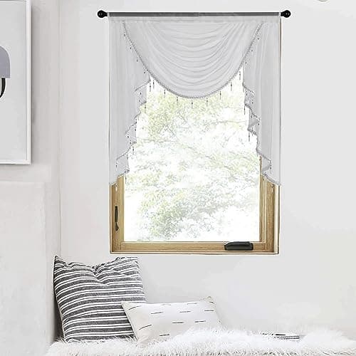 NICETOWN Swag Valances for Kitchen Window, Home Decoration Waterfall Curtain Valances for Short Window, Sheer Curtains with Beaded Tassel for Living Room/Baby Nursery, 1 PC, 39" Wide, Light Grey