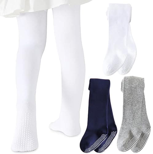 Mini angel Baby Girl Tights Non Slip Baby Tights 0-3 Months Girl Warm Cotton Leggings Seamless Pantyhose Non-Skid Grip for Newborn Infant 3 Pack (White/Grey/Navy, XXS)