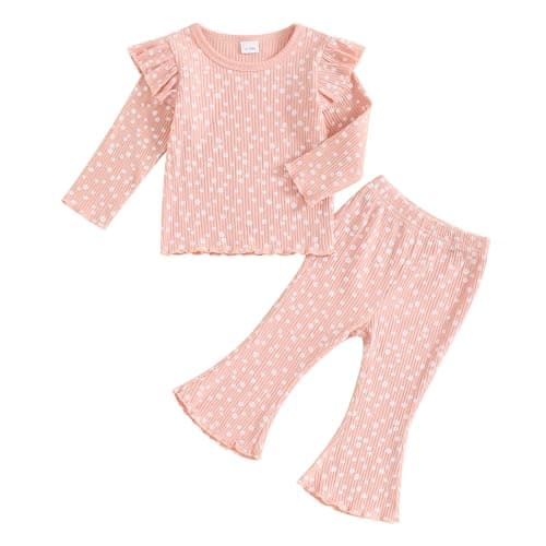 FOCUSNORM Toddler Baby Girl Outfits Ruffle Long Sleeve Lettuce Trim Tops + Flare Pants Set Toddler 2Pcs Fall Winter Clothes (Pink, 12-18 Months)