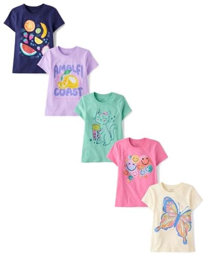 The Children's Place,Girls,Trends,Icons Short Sleeve Graphic T-Shirts,5 Pack,Lemon/Butterfly/Cat/Fruit/Faces,Medium