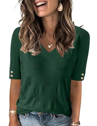 AKEWEI Womens ST Patrick Day Sweaters Casual Spring Short Sleeve Knitted Top V Neck Buttons Blouses(Green,Small)