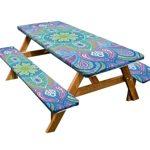 Irisbell Picnic Table Cover with Bench Covers,3PC Elastic Fitted Table Cloth 72 x 30 inch,Waterproof Windproof 6FT Tablecloth for Outdoor Camping Garden Picnic (Green Mandala, 72 x 30 inch)