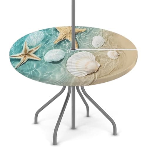 Round Fitted Tablecloth with Umbrella Hole Ocean Starfish Seashell Outdoor Tablecloth Waterproof Umbrella Table Cloth Zippered Table Cloth 45"-56" Round Elastic Table Cover for Patio