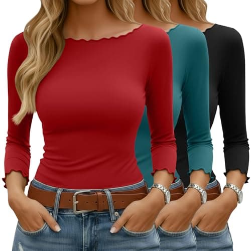 Ficerd 3 Pack Women's 3/4 Sleeve Lettuce Trim Tight Tops Boat Neck T Shirts Slim Fit Casual Fitted Basic Tees(Black, Lake Green, Red,Small)
