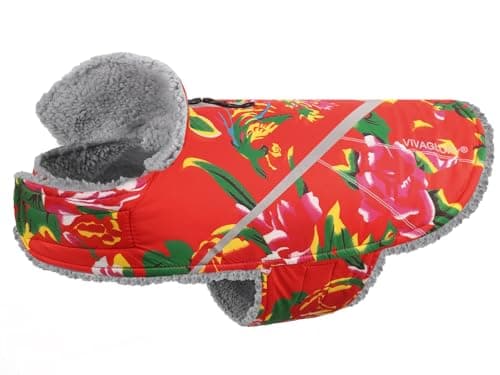 VIVAGLORY Snowrap Dog Coat, Jacket with Harness Hole, Dog Coat for Winter & Cold Weather, Fluffy Warm Fleece Lined Reflective Water Resistant for Puppy, M, Northeast Florals-Red