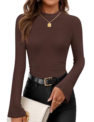 ZESICA Women's Long Sleeve Business Casual Shirts 2026 Fall Mock Neck Ribbed Dressy Tops Slim Fit Outfits Ruched Clothes Dark Brown Medium