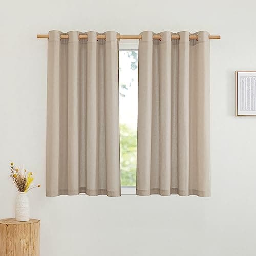 NICETOWN Linen Kitchen Window Curtains Over Sink, Grommet Privacy Added Thick Linen Curtains with Some Light Filtering Burlap Drapes for Home Office/Bedroom, Taupe, 2 Panels, W55 x L54