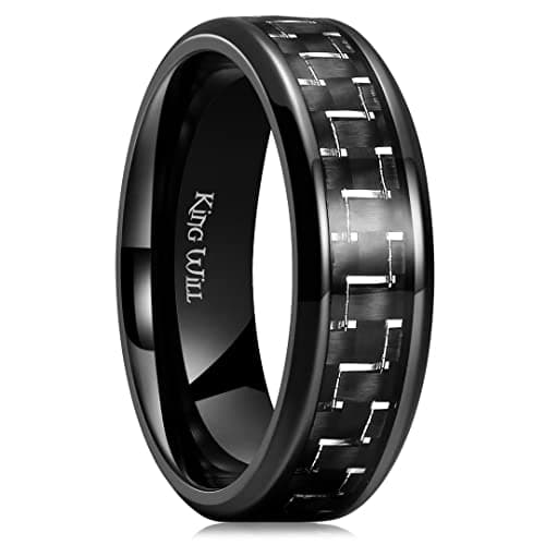 King Will 7mm Black Titanium Rings, Men's Wedding Rings Black And Silver Carbon Fiber Inlay Beveled Edge Wedding Band for Men Women Comfort Fit and Durable, Size 11.5
