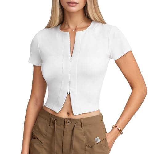 Curvphilo Womens Summer Basic Tops Double Zipper Short Sleeve T Shirts Gym Workout Clothes Y2K Crop Tops (US, Alpha, X-Large, Regular, Regular, White)