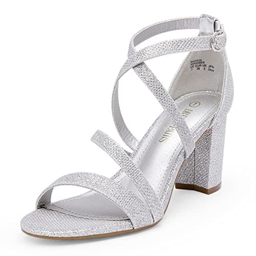 DREAM PAIRS Women's Block Chunky Heels Sandals Open Toe Ankle Strappy Comfortable Dressy Sandals for Bridal Wedding Prom Party with Adjustable Cross Strap,Size 5,Silver/Glitter,MADISON