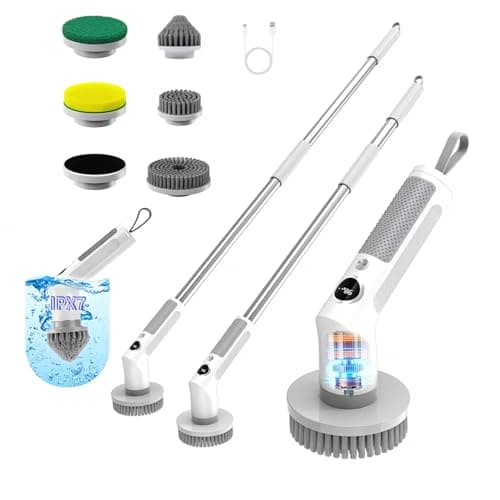 Electric Spin Scrubber, Cordless 20W High-Torque Cleaning Brush Bathroom Scrubber, IPX7 Waterproof Electric Scrubber with 6 Brush Heads, Extendable Long Handle Power Scrubber for Bathtub Floor