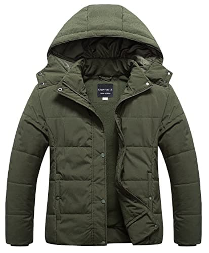 CREATMO US Women's Plus Size Thicken Warm Puffer Jacket Sherpa Lined Water Resistant Mid-Length Parka with Hood Army Green 4X