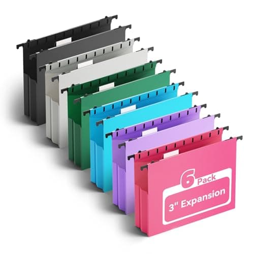 Ansook Plastic Hanging File Folders Letter Size, 3 inch Hanging Folders for Filing Cabniet, 6 Pack File Folders with Tabs, Hanging File Folder Organizers for School Office Home - Assorted Colors