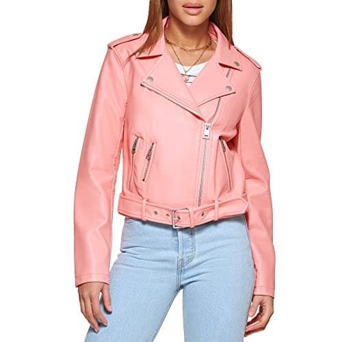 Levi's Women's Faux Leather Belted Motorcycle Jacket (Standard and Plus Sizes), Coral Rose, X-Large