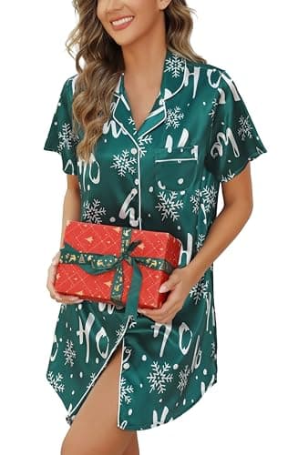Samring Women's Christmas Nightshirt Short Sleeve Button Down Sleepshirt Silk Pajamas Christmas Nightgown for Women Green Snowflake Christmas M