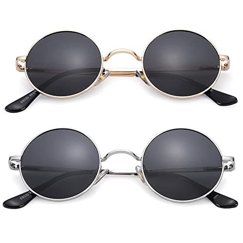Pro Acme Small Round Polarized Sunglasses for Men Women Circle Retro Shades Metal Hippie Sunglasses UV400 (Gold Frame|Black Lens+Silver Frame|Black Lens)
