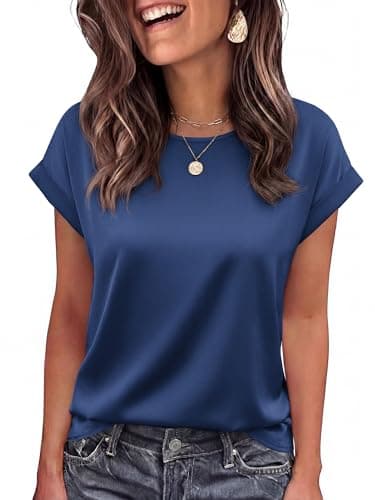 BTFBM Summer Tops for Women 2026 Dressy Satin Blouses Loose Crew Neck Short Sleeve Shirts Work Business Casual Outfits(Dark Grey Blue, Small)
