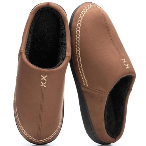 GOEWY Mens Moccasin Slippers with Memory Foam Indoor Outdoor House Shoes Non-Slip Men's Slipper Warm Comfy Slippers for Men Gifts for Men Him Dad Coffee 7 8