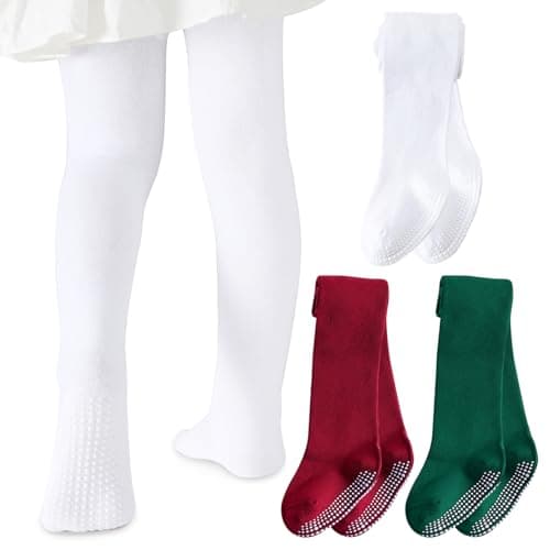 Baby Girl Tights Non Slip Baby Tights 3-6 Months Girl Warm Cotton Leggings Seamless Pantyhose Non-Skid Grip for Infant Toddler 3 Pack (White/Red/Green, XS)