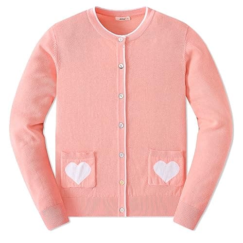 JSTEX Girls Cardigan with Heart Pockets 100% Cotton Knit Kids Cardigan Long Sleeve Crew Neck Button Sweaters Toddler Size 4-14 Pink