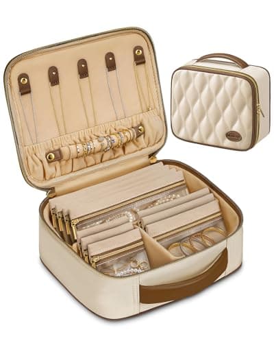 Mancro Travel Jewelry Case Organizer for Women, 10 Sorted Clear Pouches with Tangle-Free Necklace Hooks and Ring Holder Strap, Quilted PU Leather Jewelry Storage Box, Birthday Bridesmaid Gifts