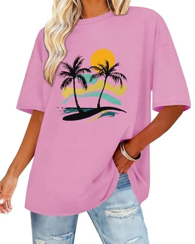 Womens Oversized T Shirts Loose Fit Graphic Tees Summer Casual Short Sleeve Tops(Pink Coconut Tree,S)