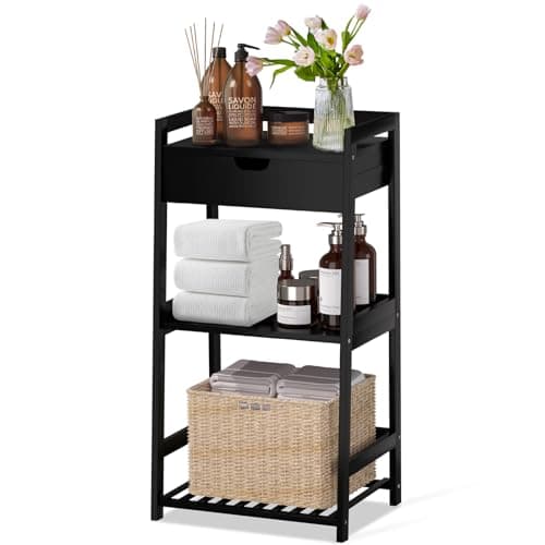 POXAKA 3 Tier Bamboo Bathroom Shelves with Drawer, Ladder Shelf for Bathroom Storage, Space-Saving Design, Stylish Display Nightstand, Stylish Storage Solution for Home, Living Room, Kitchen, Office
