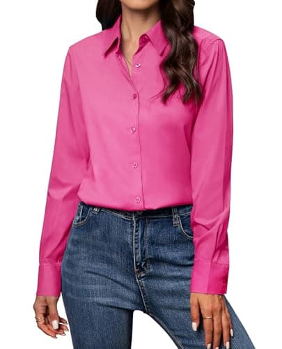 Gleeivy Button Down Shirts for Women Long Sleeve Button Up Shirts Classic Fit Solid Cotton Women Dress Shirts Work Office Hot Pink S