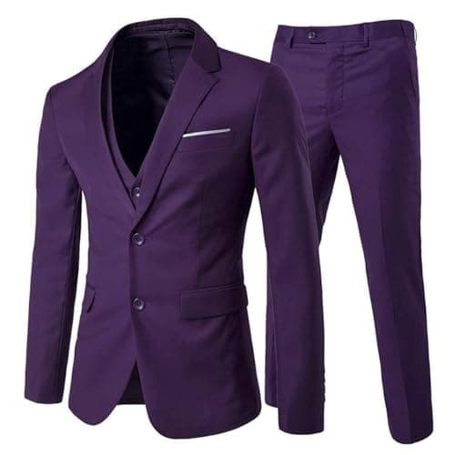 Men's 3-Piece 2 Buttons Slim Fit Solid Color Jacket Smart Wedding Formal Suit,Purple,XX-Large