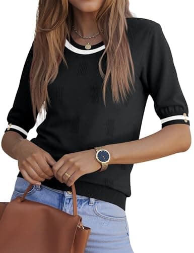 Kistore 3/4 Sleeve Sweater for Women Crewneck Lightweight Fall Sweaters Casual Work Shirts Black White Colorblock L