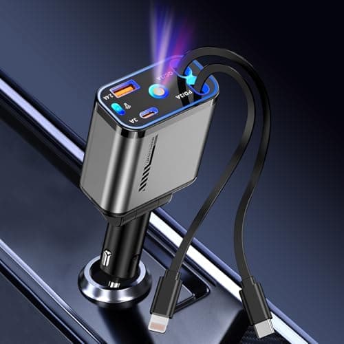 Retractable Car Charger 120W Fast Charging with Starlight,4 in 1 Universal Car Phone Charger,Built-in Type-C & Applehead Cable,Car Road Trip Retractable Accessory for iPhone,IPad,Samsung Galaxy,Pixel