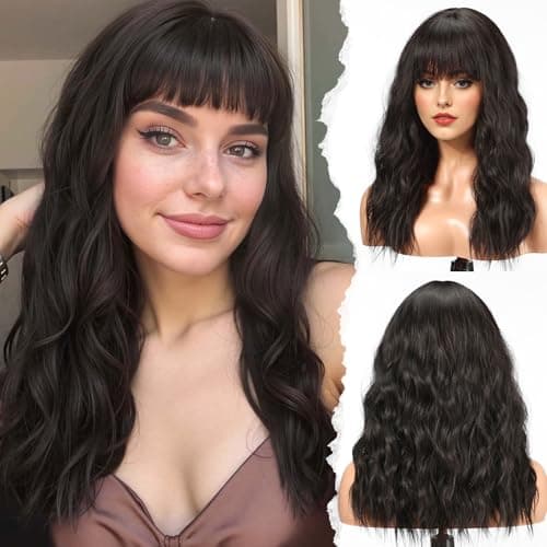 HAIRCUBE Long Wig with Bangs Synthetic Wavy Wigs for Women Natural Black Color